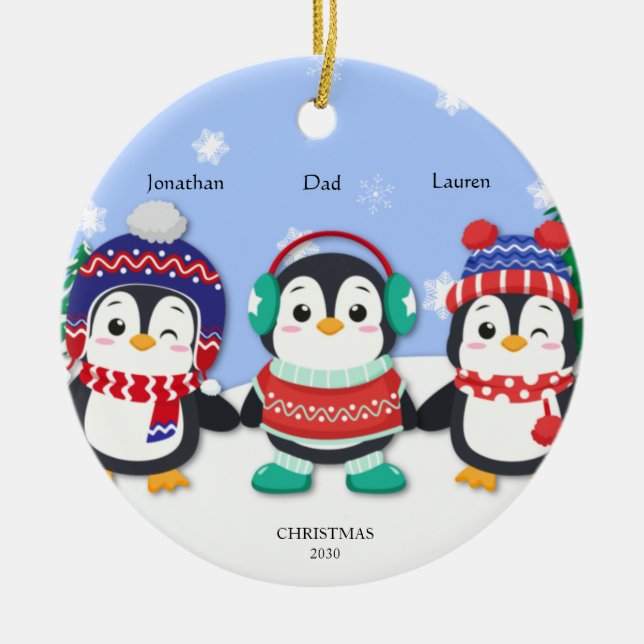 Personlig Cute Three Penguin Snö Scene Julgransprydnad Keramik (Framsidan)