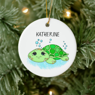 Personlig Cute Turtle Tecknad Namn Julgransprydnad Keramik