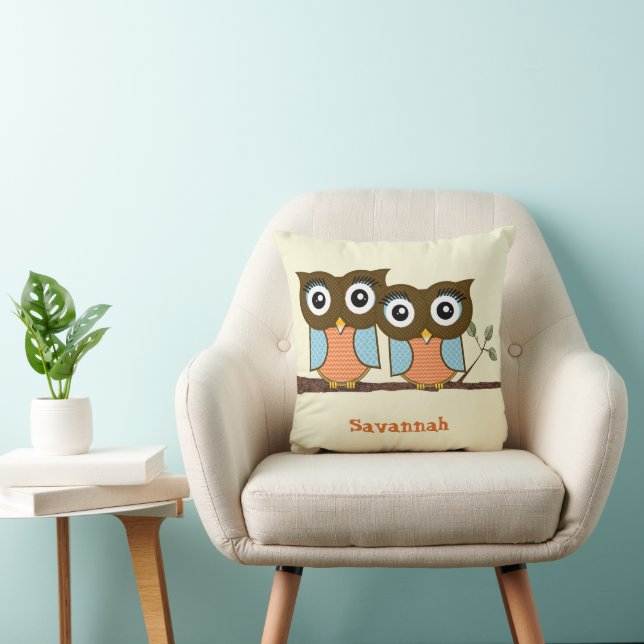 Personlig Cute Uggla Blue Orange Trendig Mönster Kudde (Stol)
