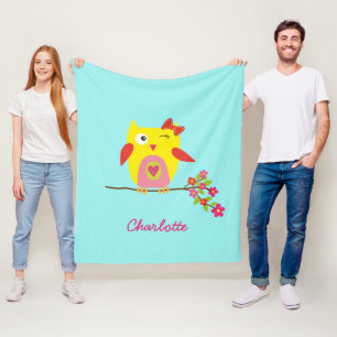Personlig Cute Uggla Gult Rosa Illustration Fleecefilt