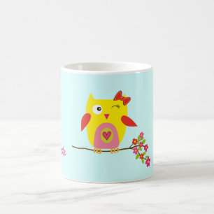 Personlig Cute Uggla Gult Rosa Illustration Kaffemugg