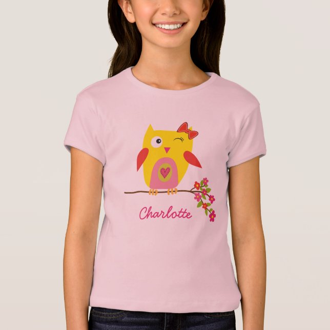 Personlig Cute Uggla Gult Rosa Illustration T Shirt (Framsida)