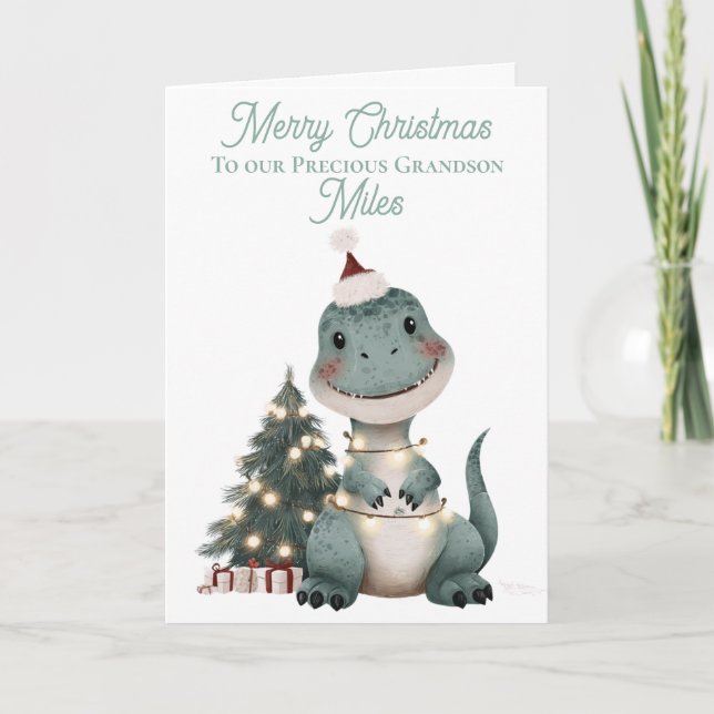 Personlig Cute Watercolor jul Dinosaur Helgkort (Framsida)