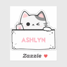 Personlig Cute White Grått Cat Namn Sticker Klistermärken