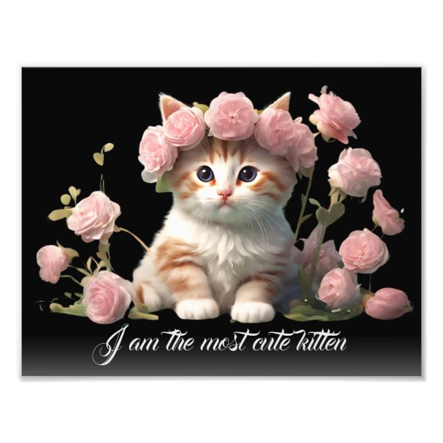 Personlig Cute White Kitten Cat in Flower Black Fototryck (Framsidan)