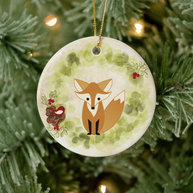 Personlig Cute Woodland Fox och utandning av Helgd Julgransprydnad Keramik (Träd)