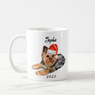 Personlig Cute Yorkie med Santa Hat Watercolor Kaffemugg
