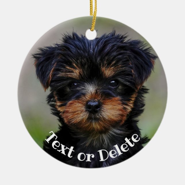 Personlig Cute Yorkie Puppy Julgransprydnad Keramik (Framsidan)