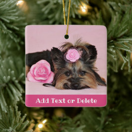 Personlig Cute Yorkie Puppy med rosa ros Julgransprydnad Keramik