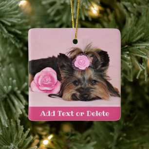 Personlig Cute Yorkie Puppy med rosa ros Julgransprydnad Keramik