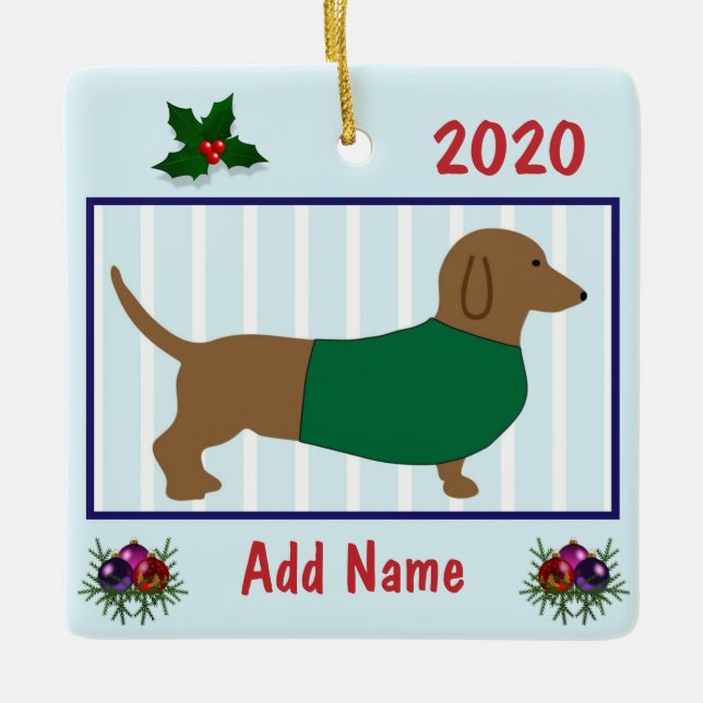 Personlig Dachshund - Doxie Puppy Hund -Grönt Julgransprydnad Keramik (Framsida)