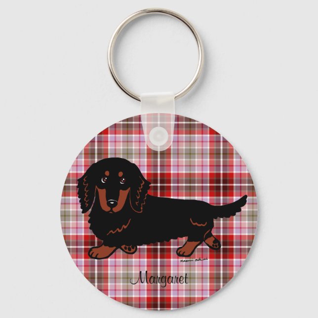 Personlig Dachshund Long-Hred Black and Tan Nyckelring (Framsida)