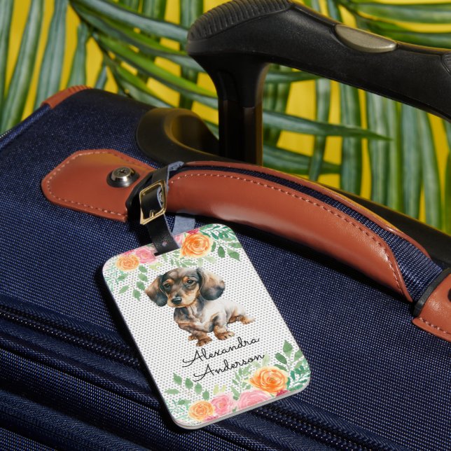 Personlig Dachshund Puppy Watercolor Blommigt Bagagebricka (Framsida Insitu 1)