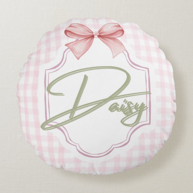 Personlig Daisy Flicka Nursery Bow&Gingham Rund Kudde (Framsidan)