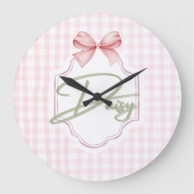 Personlig Daisy Flicka Nursery Bow&Gingham Stor Klocka (Framsida)