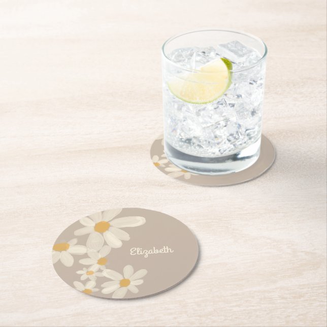 Personlig  Daisy Floral Brun Underlägg Papper Rund (Insitu)