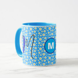 Personlig Daisy-monogram Initial Blå Kaffe Mugg