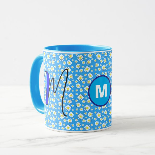 Personlig Daisy-monogram Initialt Blått Kaffe Mugg (Framsida vänster)