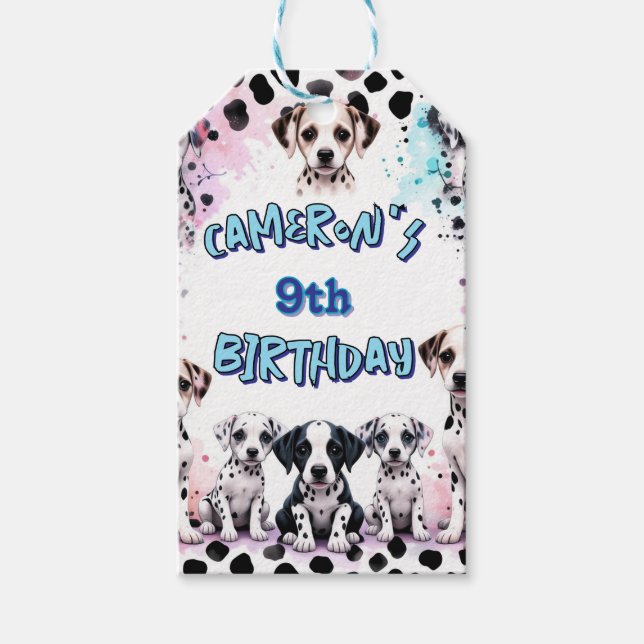Personlig Dalmatien Puppy Birthday Watercolor Presentetikett (Framsidan)