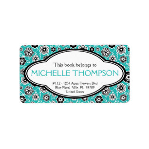 Personlig Dam Doodle Flowers Bookplate Aqua Adressetikett