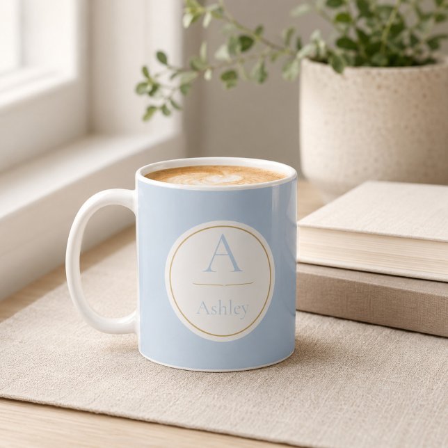 Personlig dammig blå monogramnamn elegant  kaffemugg (Skapare uppladdad)