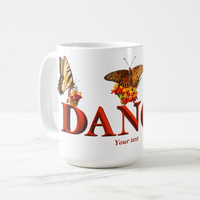 Personlig dansskylt med fjärilar  kaffemugg (Framsida vänster)