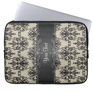 Personlig datorsleeve i Tan Black Damask Laptop Sleeve