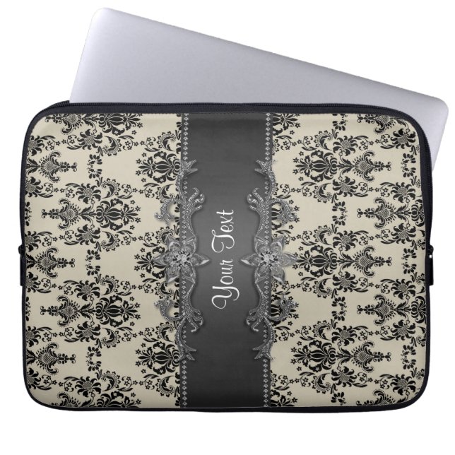 Personlig datorsleeve i Tan Black Damask Laptop Sleeve (Framsidan)
