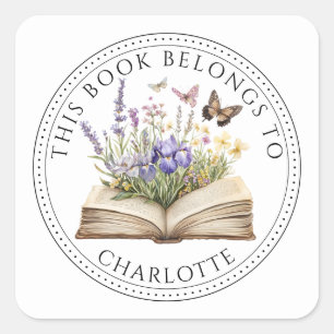 Personlig Denna bok tillhör Blommig bok Fyrkantigt Klistermärke