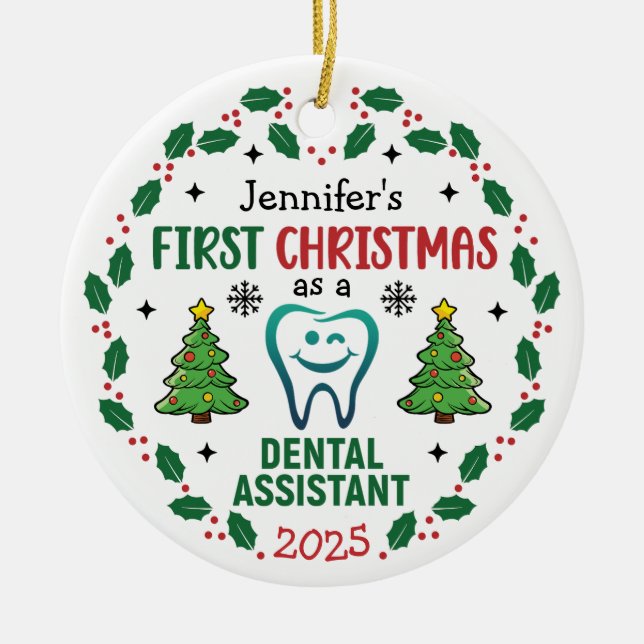 Personlig Dental Assistent Första jul Träd Julgransprydnad Keramik (Framsidan)