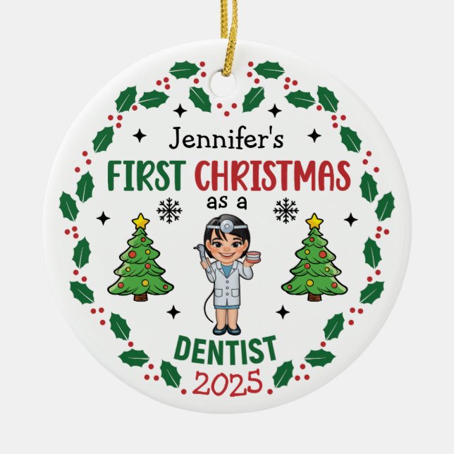 Personlig Dentist First jul Träd Round Julgransprydnad Keramik (Framsidan)
