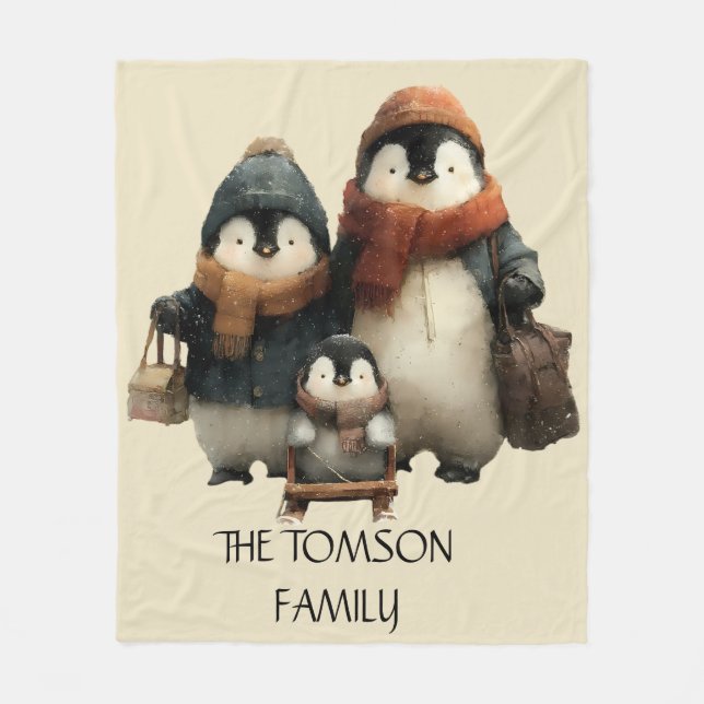 Personlig design för vinterpingvinfamilj fleecefilt (Framsidan)