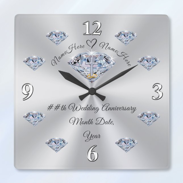 Personlig diamantjubileumsklocka, KRISTEN Fyrkantig Klocka (Christian wedding anniversary gifts. 60th wedding anniversary presents for parents. Diamond themed.)