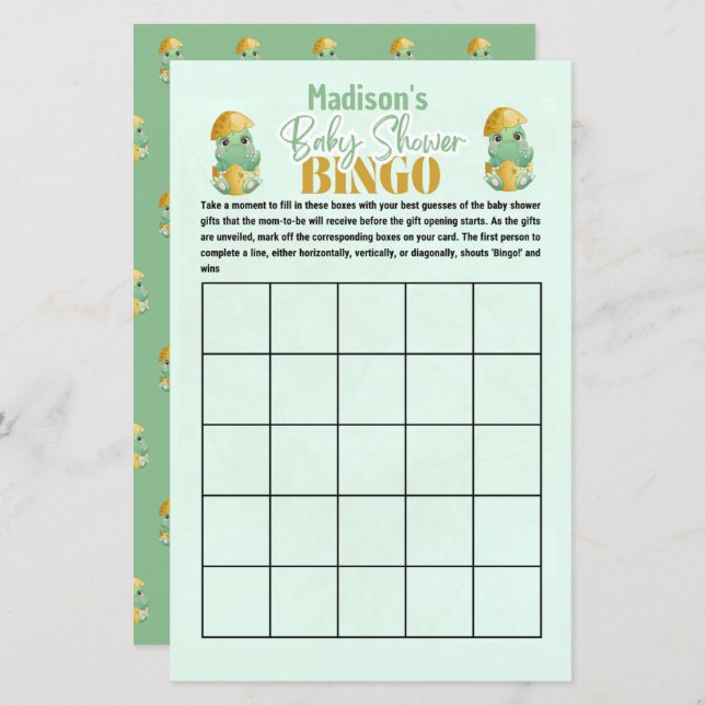 Personlig Dino Bingo Baby Shower-spel (Fram/baksida)