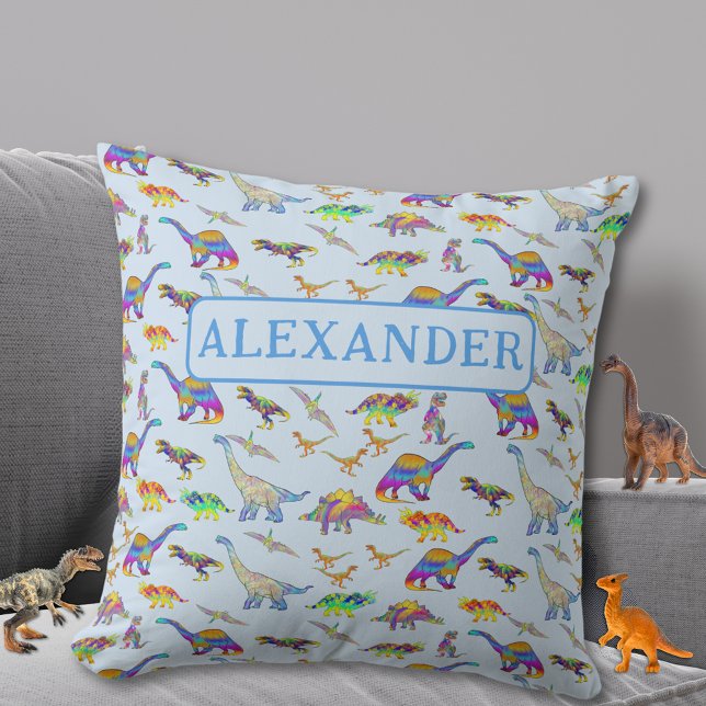 Personlig Dinosaur Blue Kudde (Colorful dinosaur pattern custom name blue pillow for Jurassic dino lovers)