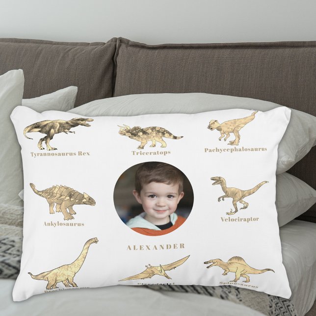 Personlig Dinosaur Boys Photo och Namn Prydnadskudde (Dinosaur boys personalized photo and name white pillow educational Dino names for kids)