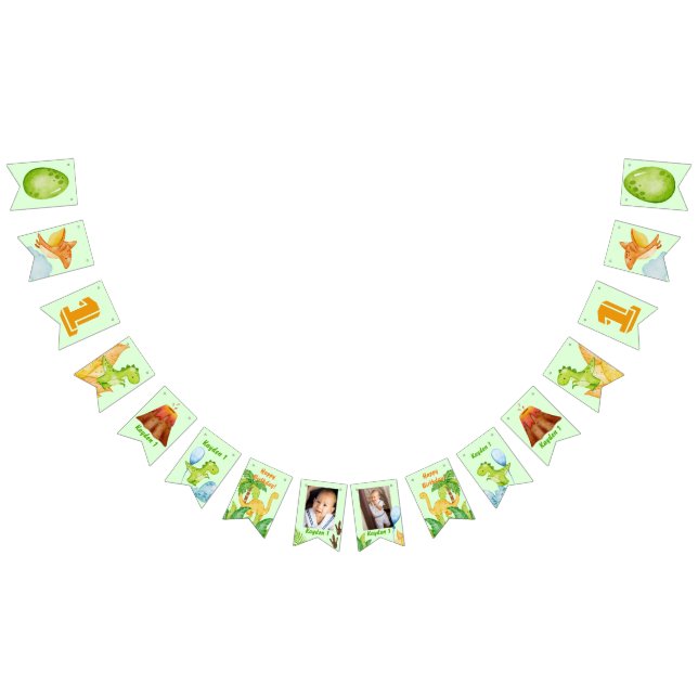 Personlig dinosaur-grönt med 2 foton vimplar (Alla)