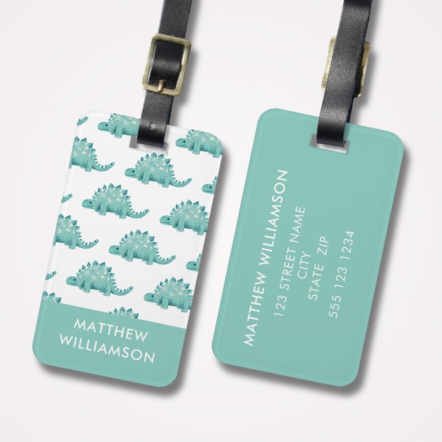 Personlig Dinosaur Mönster Bagagebricka (Cute kids stegosaurus dinosaur personalized luggage tag with address details to reverse side.)