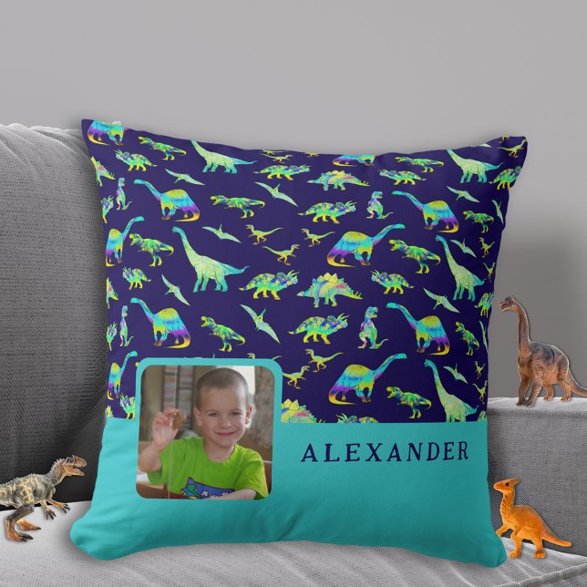 Personlig Dinosaur Photo Namn Blue Kudde (Colorful dinosaur boys personalized photo and name navy blue pillow Cute dino home decor for kids)