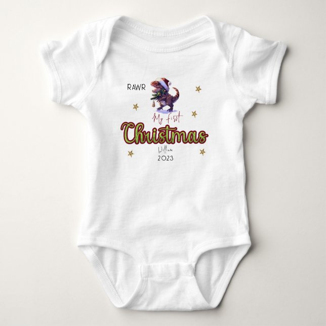 Personlig Dinosaur Rawr Spädbarn Första jul T Shirt (Framsida)