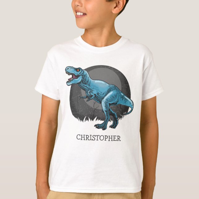 Personlig dinosaur t-rex-gåva till pojkblått t shirt (Framsida)