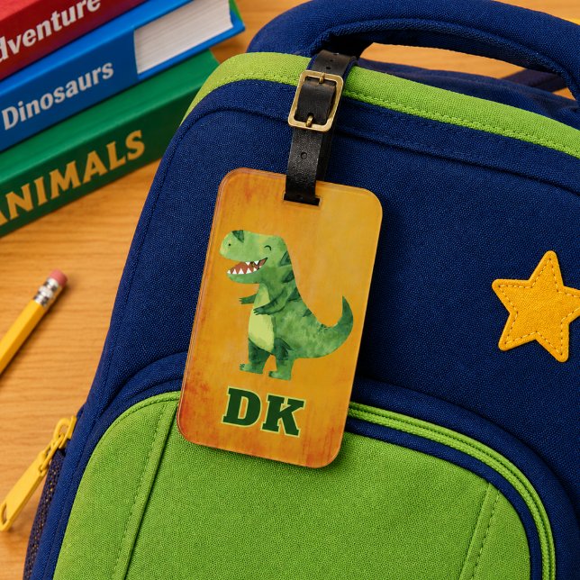 Personlig Dinosaurie-ID Skola Bagagebricka (Fun dinosaur child's school backpack or sports bag ID tag. Monogrammed with initials. )