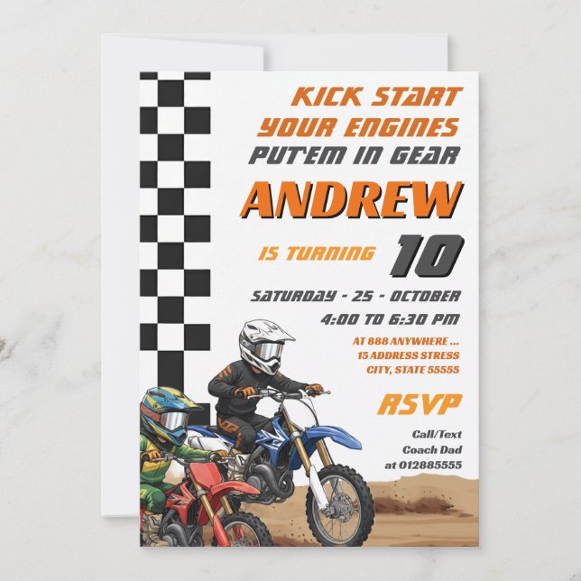 Personlig Dirt Bike Motocross Kids Motor Birthday Inbjudningar (Framsida)