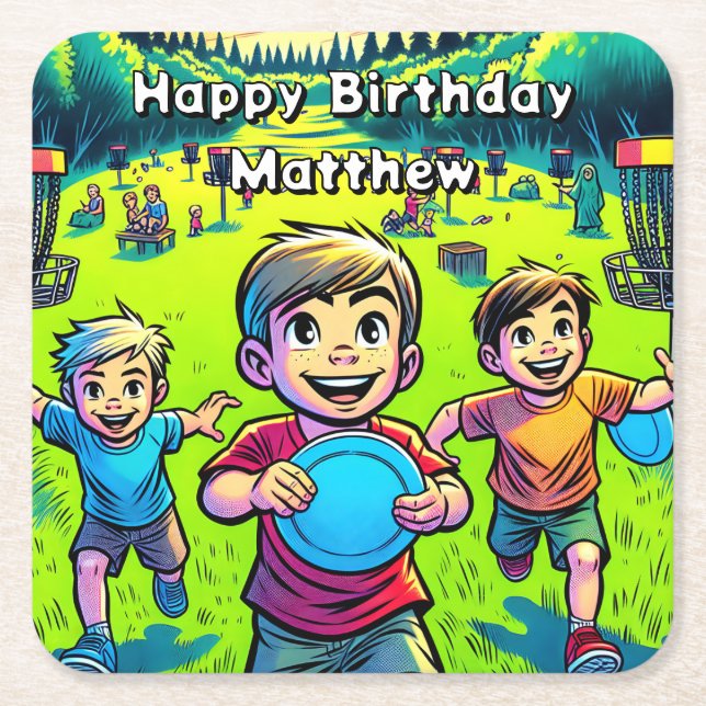 Personlig Disk Golf Boy's Birthday Underlägg Papper Kvadrat (Framsidan)
