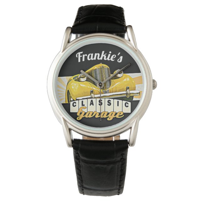 Personlig | Ditt namn | Klassiskt bilgarage Armbandsur (Framsida)