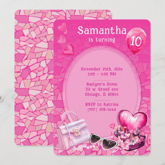 Personlig Doll Rosa Birthday-mall Inbjudningar (Fram/baksida)
