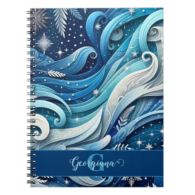 Personlig Dreamy Blue och Frosty Winter Swirls Anteckningsbok (Framsidan)