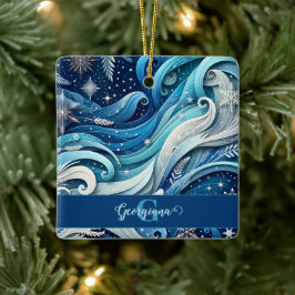 Personlig Dreamy Blue och Frosty Winter Swirls Julgransprydnad Keramik