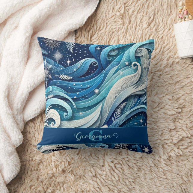 Personlig Dreamy Blue och Frosty Winter Swirls Kudde (Filt)