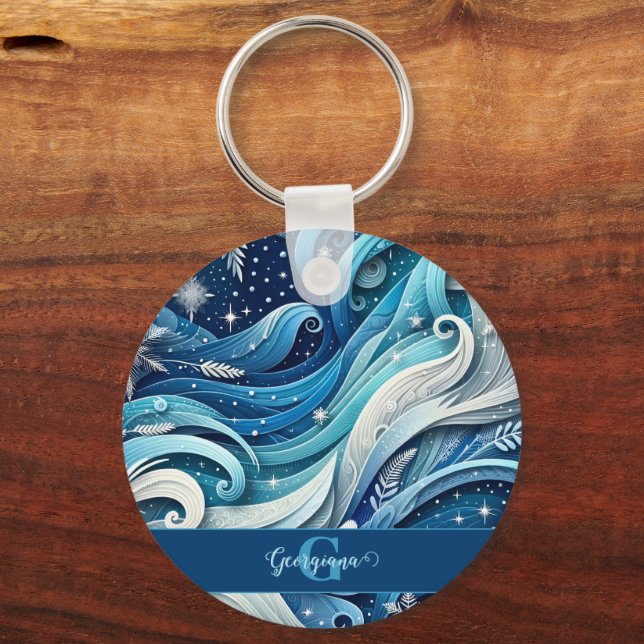 Personlig Dreamy Blue och Frosty Winter Swirls Nyckelring (Framsida)
